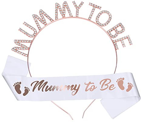 YOLOUP Roségold Mummy to Be Schärpe & Haareif Set Baby Shower Party Deko mit Fußabdrücke Muster Babydusche Schärpe für Schwangere Werdende Mutter Baby Dusche Party Geschenk Dekoration