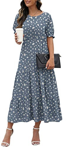 GRECERELLE Womens Summer Midi Dress Floral Print Boho Dress Ruffle Puff Sleeve High Waist A-Line Casual Boho Cocktail Holiday Beach Long Dress for Ladies (LD Blue White, M)