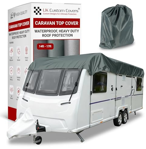 Caravan Roof Cover - Roof Protector With Adjustable Straps, Hooks & Storage Bag, Heavy-Duty, Waterproof, UV-Resistant Breathable 150D for All-Weather Use by UK Custom Covers (14–17ft, Grey)