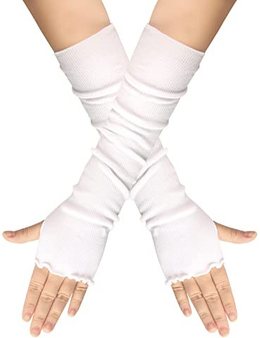 QUUPY 1 Paar fingerlose Handschuhe, klassisch, schwarz, modisch, Lotusblatt-Stil, Stretch, Ellenbogenlänge, Daumenloch, Armstulpen, Winter, Herbst, Armstulpen für Damen und Mädchen, weiß, 41cm