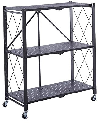 CATTERHOUSE Kim Faltbares Metallregal, 84-71,5 x 36 x 84 cm, Schwarz, mit Rollen und 3 Böden, belastbar bis 120 kg