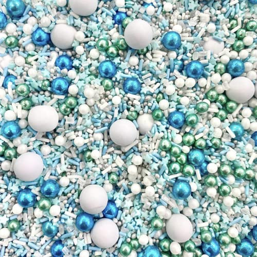 Metallic blue green white silver mint teal aqua sprinkles for cupcakes cakes toppers pearls stars glitter baking chocolate balls mermaid baby shower cute baby boy Father's Day MINT MAD
