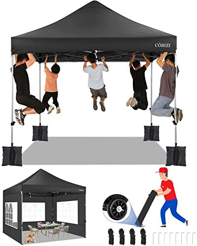 COBIZI Gazebo 3x3m Pieghevole Impermeabile con 4 Pareti, Gazebo da Giardino Anti-UV 50+ Gazebo Esterno Resistente Tenda Chiuso per Mercato, Feste, Tendone con Borsa a Ruote, Nero