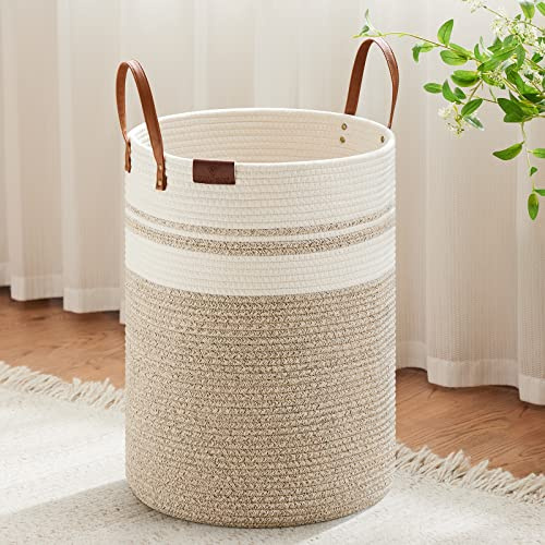 VIPOSCO Großer Wäschekorb, großer Wäschekorb mit Ledergriff, gewebter Seil-Aufbewahrungskorb für Decke, Spielzeug im Wohnzimmer, Badezimmer, Schlafzimmer – 72 l, Braun & Weiß