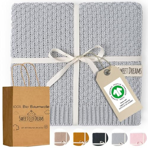 Mikos® Babydecke GOTS zert. 100% Bio Baumwolle Strickdecke Baumwolldecke Warme Decke Kuscheldecke Mädchen, Jungen Baby Erstausstattung Für Neugeborene (1043 Grau)