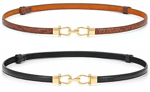WHIPPY 2er-Pack schmaler Taillengürtel für Damen Verstellbarer dünner Gürtel Schmaler Ledergürtel mit Gold metallschnalle für Kleid