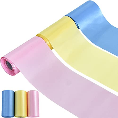 Toniful Satinbänder, 10 cm breit, Pastellfarben, Babyrosa, Babyblau, Hellgelb, zum Schneiden, Nähen, für Hochzeit, Geburtstag, Babyparty, Party, Stuhlschärpe, Tischläufer, Lila, Pink, Weiß, 3 Rollen
