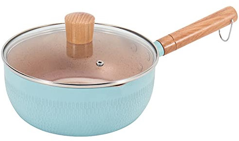 KOLUZ Saucepan with Lid, Yukihira Pan with Wood Handle, Small Cooking Pot with Dual Pour Spout, Non Stick Maifan Stone Coating, Induction Pot with Glass Lid, Milk Pan for All Hobs, 18cm,A,with Lid