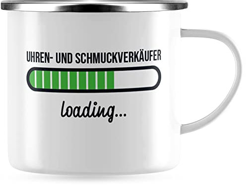 JUNIWORDS Emaille-Tasse, Uhren- und Schmuckverkäufer loading, Silberner Tassenrand (6220033)