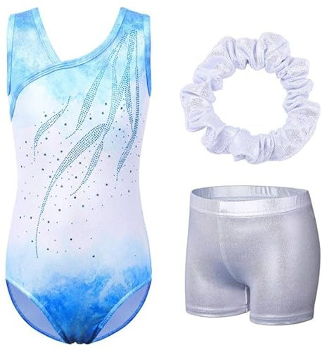 ZNYUNE Turnanzug mädchen mit Hose Turnanzug mädchen Ärmellos Tanzbody mädchen Leotard Schnelltrocknend langlebig für Gymnastik 3-16 Jahren Kinder B278_WhiteBlue 8A