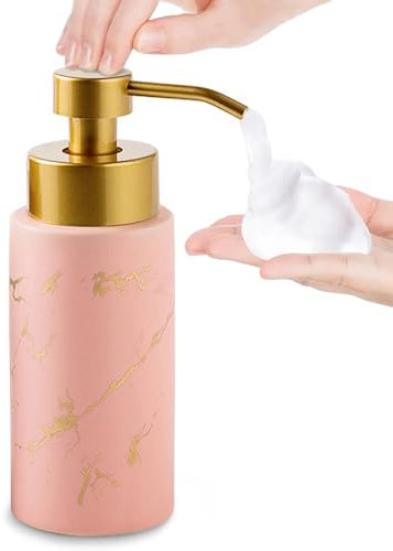 Distributeur de savon en marbre, distributeur de savon mousse en céramique avec pompe dorée antirouille (rose)