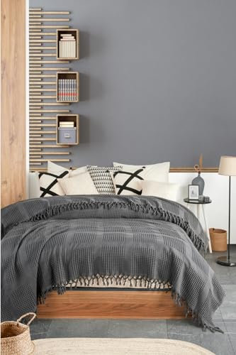 BOHORIA® Tagesdecke XXL in Waffeloptik Inara extra groß 220 x 240cm | 100% Baumwolle | Oeko-Tex® | Überwurf für Sofa, Sessel & Bett | Sofadecke Wolldecke Wohndecke (Ink)