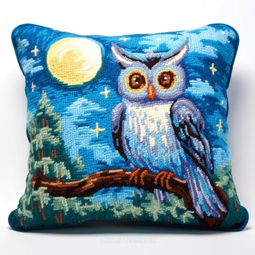 Taxpy Diy Knüpfkissen Mit Vordruck Eule Landschaft Latch Hook Kissen Kit,Tier Diy Kissenbezug Herstellung Handwerk Bedruckte Leinwand Für Anf?nger 17X17In B
