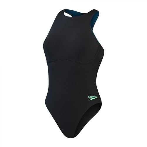 Speedo Racer Zip Swimsuit with Integrated Swim Bra Maillot de Bain avec Soutien-Gorge intégré, Noir/Harlequin Green, 44/20B-D Femme
