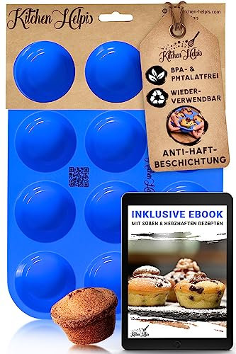 Kitchen Helpis® 12 moldes de silicona para muffins, sin BPA, antiadherente, molde de silicona bonus, libro de recetas, molde para magdalenas apto para lavavajillas, molde para muffin