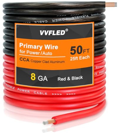 VVFLED Cavo CCA, calibro 8, (7,6 m, nero/rosso), cavo audio per auto, cavo di alimentazione/messa a terra, cavo per saldatura, cavo elettrico per amplificatori altoparlanti
