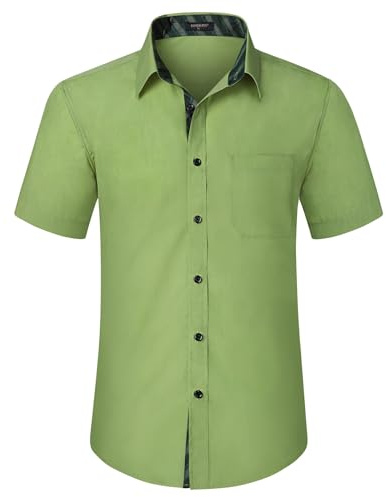 HISDERN Mens Short Sleeve Green Shirt Regular Fit Formal Casual Dress Button Down Business Shirt with Chest Pocket,2XL