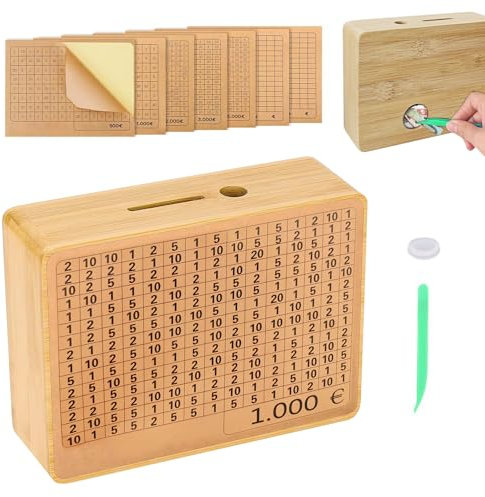 Spardose Holz,Sparbox Mit Zahlen Ankreuzen,Sparbox Mit Sparziel,Kommt Mit 7 Wiederverwendbaren Aufklebern €500 €1,000 €2,000 €3,000 €5,000,Ohne Montage Integriert (Holzfarbe)