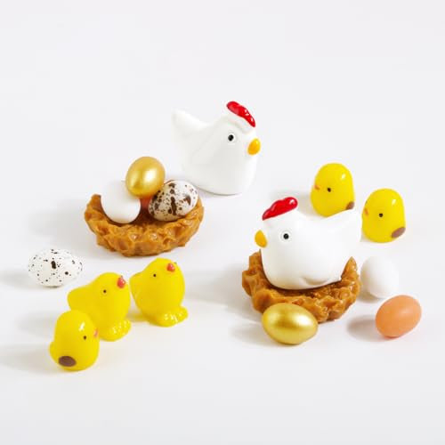 BETESSIN 24x Miniatur Figuren Ostern Küken Ostereier Deko Mini Osterküken Huhn Hennen Harz Osterdeko Frühling Garten Dekofiguren Osterdekoration Tischdeko Geschenke