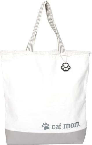 Pavilion Gift Company Mom-15 x 18.5 Open Top Double Handled Over The Shoulder Fringe Tote Bag with Paw Print Keychain Kitten Cat Lover, Gray & Cream