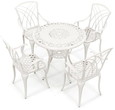 KOMFOTTEU Lot de 5 Meubles de Jardin pour 4 Personnes, Ensemble bistrot avec Trou pour Parasol, Salon de Jardin en Aluminium, résistant aux Intempéries, Blanc, pour Terrasse, Balcon, Cour