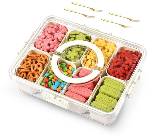 joyddo Vassoio da Portata Diviso con Coperchio e Manico, Contenitore Snackle Box con 8 Scomparti, Vassoi e Piatti Trasparenti, Piatti per Snack per Verdure, Frutta, Snack, Noci, per Picnic, Festa (1)