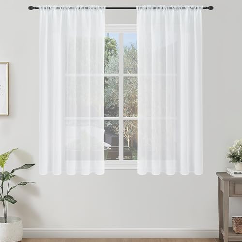 Topfinel Kitchen Curtains 48 Inch Drop, Short Net for Windows, Linen Look Rod Pocket for Living Room Bedroom Cafe, 140x122cm Pair