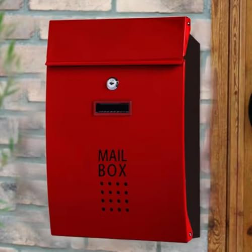 UPWONEC An Der Wand Montierter Vertikaler Abschließbarer Briefkasten, Briefkasten Aus Edelstahl Im Schlichten Stil, Briefkasten Aus Gebürstetem Metall, Geeignet Für Veranda Und Garten,Rot