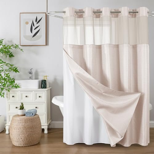 No Hook Shower Curtain with Snap in Fabric Liner, Waffle Weave Heavy Duty Thick Shower Curtains with Mesh Top Window, Hotel Style Waterproof Bathroom Curtain Set, 72 x 75 Inch, Blush Pink