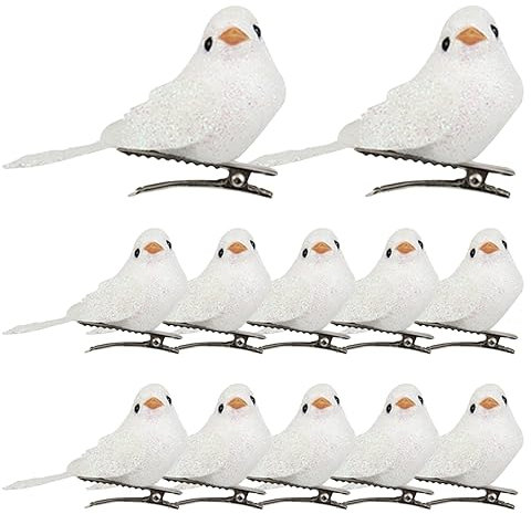 Liummrcy Christmas Decorations, Christmas Birds Ornaments With Clip Artificial Foam Birds for Xmas Tree Wreaths Decorations 12PCS White