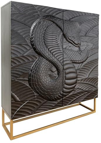 Riess Ambiente Massivholz Highboard Snake - 120cm - schwarz Gold - Mangoholz Schrank Kommode mit Türen im Schlangen-Design Stauraum