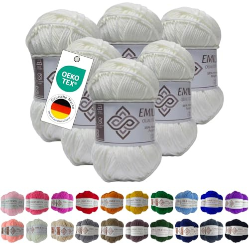 Emilie-Textil Premium Polyacryl-Garn 6X100g 20 Farben OEKO-TEX zertifiziert für Babys/Allergiker, Garn zum häckeln und stricken (6, Weiß)