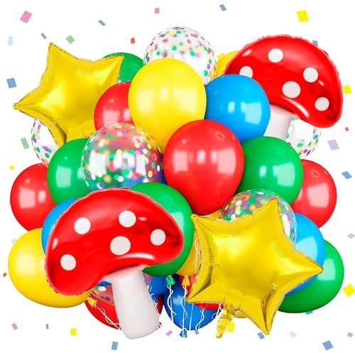 Bunte Luftballons, Geburtstag, 29 Stück, Luftballons Helium Party, voller Energie, Rot, Blau, Gelb, Grün, Latexballons, Pilz, Stern, Folienballon für Partydekorationen