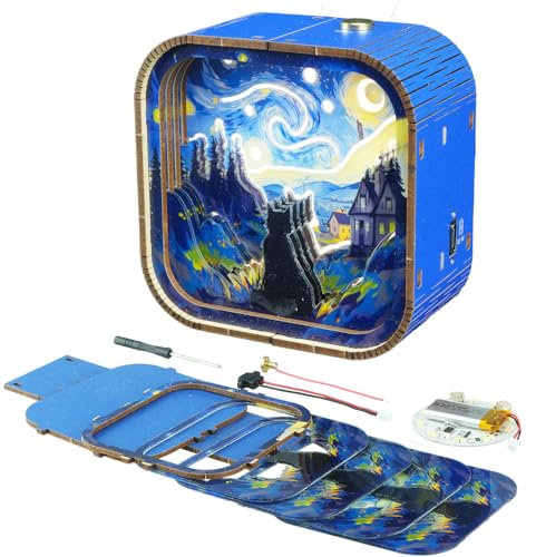 Monsing 3D Holzpuzzle Nachtlicht Bausätze, DIY LED Leuchten, batteriebetriebene Lampen, dimmbar, wiederaufladbar, für Kinderzimmer, Schlafzimmer, Babyzimmer, Geschenke, Raumdekoration(Star Cat)