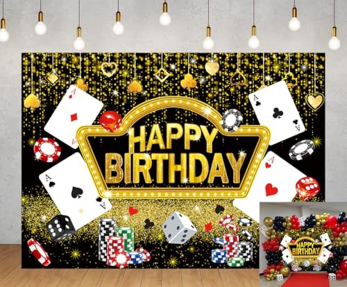 Casino Geburtstags-Hintergrund, Las Vegas, Casino-Nacht-Thema, goldener Glitzer, Fotografie-Hintergrund, Poker-Würfel, Happy Birthday-Banner, Party-Dekorationen, Foto-Requisiten (2,7 x 1,5 m)