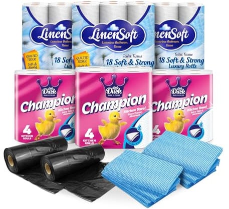 All-in-One Household Bulk 54 Toilet Roll12 Kitchen Rolls100 Bin Bags 55L 100 All Purpose Cloths Home Essentials