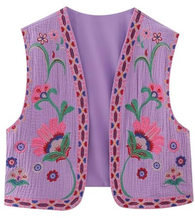 2025 - Cardigan donna alla moda francese, ricamo floreale, gilet di cotone senza maniche top maglione donna, Lilla, M