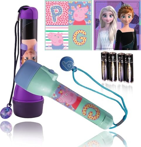 2 x Leichte Kinder-Taschenlampen, Peppa PlG und Frozen LED Big Taschenlampen, Leuchtweite: 3,5 m Nachtlicht Taschenlampe hell für Weihnachten, Geburtstag und Weihnachtsgeschenke, 16 cm Kunststoff