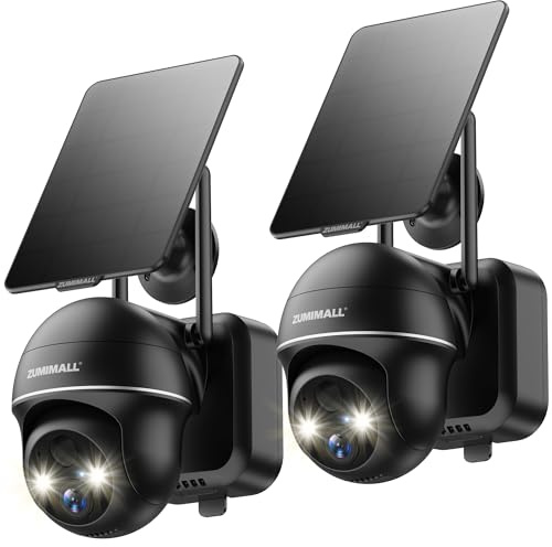 ZUMIMALL 2K Solar Überwachungskamera Aussen 2er-Set | 355°/120° PTZ Kamera Outdoor, PIR Bewegungsdetektion, Farbige Nachtsicht, 2,4GHz WLAN, 2-Wege-Audio, IP66