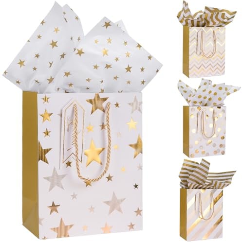 Sacs cadeaux en papier avec papier de soie : Sacs cadeaux moyens à motif doré pour Noël, anniversaire, mariage, Saint-Valentin - Lot de 4 (23 x 18 x 10 cm)