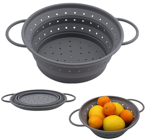 Nudelsieb Faltbar 21 cm Sieb Faltbar Silikon Abtropfsieb Grau Küchensieb Silikon mit Griffen Hitzebeständig Spülmaschinenfest Abtropfkorb zum Abtropfen von Pasta Gemüse Obst für Küche Camping