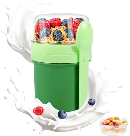 Carehabi Müslibecher To Go, 450 ml + 250 ml, Joghurtbecher To Go, auslaufsicherer Müslibecher mit Löffel und Soßenbehälter, BPA-freie Frühstücksbox, Müslibecher für Kinder und Erwachsene, Grün