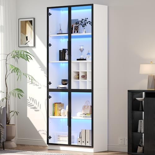 Vitrine 80 * 35 * 200cm mit Glastüren, LED, Hochschrank, Bücherschrank, Standvitrine, Weinschrank, eleganter Sideboard mit Doppeltüren, Glasregal und Weinhalterung