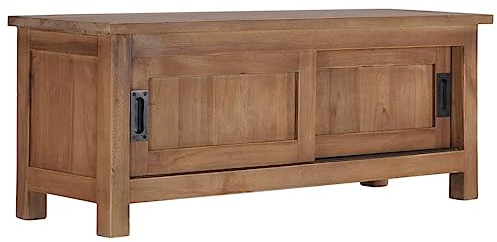 HETFTJN TV-Schrank 90x30x35 cm Massivholz Teak Lowboard mit 2 Schiebetüren, handgefertigt rustikales Sideboard für Wohnzimmer Flur und Schlafzimmer