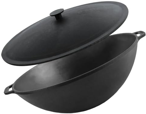 BIG-PAN Ø36cm Wok 8L Gusseisen mit Gusseisen Deckel Pfanne BRIZOLL Schmortopf Asia Wokpfanne für Gasgrill, Herd, Ofen, Lagerfeuer Asia Gusseisenpfanne Induktionsgeeignet Cast Iron