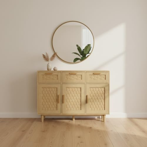 SUNFECILI Rattan Sideboard Kommode mit Schubladen, Großer Holz-Küchenschrank, Komodenschrank in Rattanoptik, Aufbewahrungsschrank für Wohnzimmer, Schlafzimmer & Küche