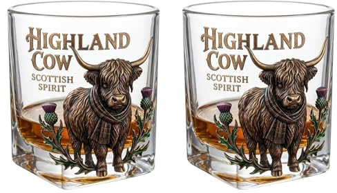 Fokayo Highland Cow Whiskey Glass, Scottish Highland Cow Wine Glasses with Tartan Scarf & Thistle Design, Heavy Base Crystal Whiskey Glass for Liquor Bourbon Scotch Cocktails or Wine (2pcs)
