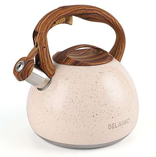 BELANKO 2.7 Quart Tea Kettle for Stovetops - Food Grade Stainless Steel Teapot with Loud Whistle, Cool-Touch Wood Pattern Handle, Rust-Resistant Whistling Kettle - Starry Cream
