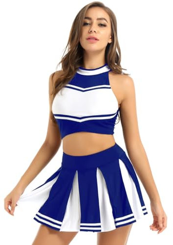 renvena Damen Cheer leader Kostüm Cheerleading Cosplay Uniform Ärmellos Bauchfrei Oberteil mit Minirock Faltenrock Karneval Fasching Party Tanz Kostüme Blau M