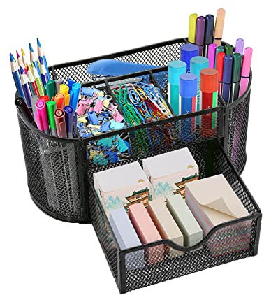 Youyijia Mesh Desk Organiser Multifunctional Metal Mesh Desk Tidy 8 Components Pen Holder with Drawer Stationary Storage Organizer for Home Office School Black
